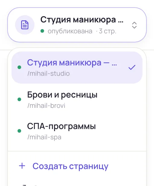 Переключение между страницами — активная отмечена галочкой
